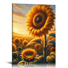Słonecznik płótna sztuka ścienna vintage malowanie słonecznika odbitki żółty kwiatowy obraz przyrody krajobraz wystrój domu oprawiony