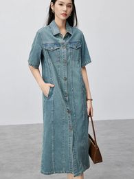 Party Dresses SENTUBILA Retro Polo Collar Cotton Washed Denim Shirt Dress Women 2024 Loose Single Breasted Summer Midi Jeans W42L55668