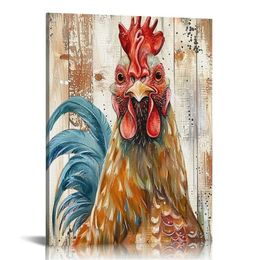 Farm Animal Funny Rooster Kitchen Wall Decor Chicken Canvas Painting Prints Framed Ready to Hang Farmhouse Living Room Dining Room Decor