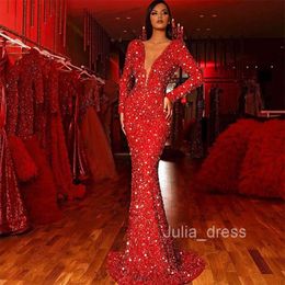 2024 Spring New Womens Wrapped Hip Dress with Fish Tail Edge Red Sequin Long sleeved V-neck Dress