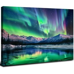 Northern Lights Canvas Wall Art Aurora Borealis Snow Mountain Pine Trees Lake Pictures Drukuj Nature Landscape Decor Ramka (Northern Lights -)