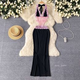 Spicy girl style suspender dress for women summer strap hollowed out mesh lace slit pure design feeling long skirt