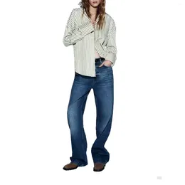 Women's Blouses PB&ZAWomen's Stripe Contrast Shirt Casual Versatile Top Long Sleeved Single Breasted Fashion