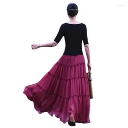Skirts 2024 Women Summer Purple Red Colour Chiffon Patchwork Elastic Waist Maxi Length Skirt Long