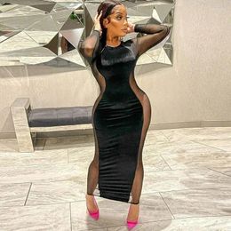 Casual Dresses WUHE Women Mesh Velvet Patchwork Long Sleeve Midi Maxi Dress Sexy See Through Club Night Party Bodycon Pencil