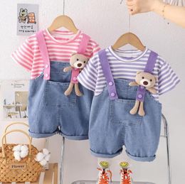 Clothing Sets Designer Baby Girls Clothes 6 To 12 Months Summer Outfits For Kids Striped Cartoon T-shirts Denim Overalls Boutique Suits