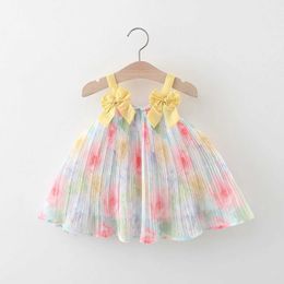 Girl's Dresses Summer New Strap Flower Colourful Handdrawn Style Sweet Princess Dress Birthday Party Bow H240527
