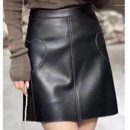 Skirts 2024 Stylish Women Genuine Leattylish Leather Skirt A-line Gray/white OL Step On Line Short Skirther