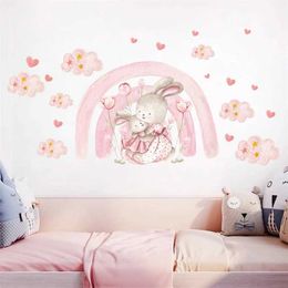 Wall Decor Watercolour Cartoon Rabbit Pink Rainbow Clouds Love Wall Stickers for Kids Room Girl Bedroom Nursery Decoration Bunny Wall Decals d240528