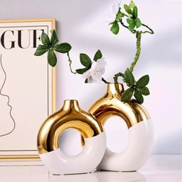 Vases Modern Creative Ceramic Circle Gold Vase Table Flower Arrangement Home Decoration Accessories Art Aesthetic Room