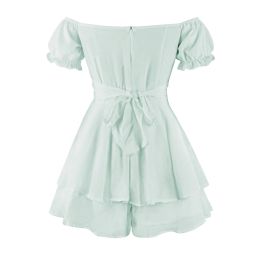 Women Summer Boho Beach Shorts Romper Sexy Zipper Tie Back Lantern Short Sleeve Ruffle Jumpsuit With Belt Casual Loose Playsuits