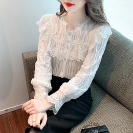 Women's Blouses Chiffon Shirts Summer 2024 Casual Solid Loose Long Sleeves Ruffles Top Lace Patchwork Clothing YCMYUNYAN
