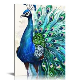 Peacock Canvas Wall Art Teal Blue Peacock Showing Its Beautiful Feathers Animal Picture for Living Room Bedroom Home Decor Ready to Hang