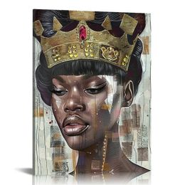 Arte da parede afro -americana Rainha preta com coroa dourada de pintura motivacional inspiradora impressão de menina negra decoração de quarto decoração de sala de estar emoldurada emoldurada