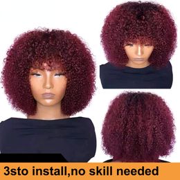 180% Density Red 99j Color Lace Front Human Hair Wigs for Woman Brazilian Wig Short Bob Afro Kinky Curly Wig Synthetic with Bangs Mhvnf