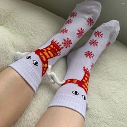 Women Socks CHAOZHU 1 Pair White Snowman With A Red Scarf Magnetic Suction Small Hands Lovely Funny Christmas Xmas Gift Sox