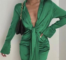 V-neck Soft Silk Satin Dress Women Spring Long Sleeve Collect Waist tie knot Mini Short Elegant Lady ice es 2204181185240