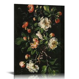 Vintage Still life Gold Framed Wall Art, Retro Floral Tulips Canvas Prints Artwork with Antique Frame, Victorian Wall Paintings Decor for Living Room Gallery