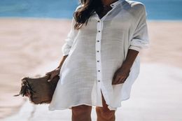 2020 Cotton Shirt Style Beach Wear Cover Ups Women Sunscreen Long Sleeve Bikini CoverUps Swimwear Loose White Beach Dress Tunic2966562