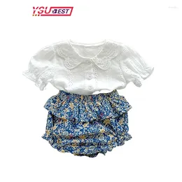Clothing Sets Infant Baby Girls Clothes Suit Short Sleeve Summer Thin Korean Solid Colour Doll Collar Shirt Floral Shorts Girl Set