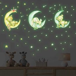 Wall Decor Tiny Cute Luminous Wall Stickers Teddy Bear on the Moon Stars Glow in the Dark Wall Decals for Kids Room Baby Nursery Home Decor d240528
