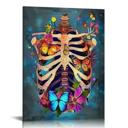 Menschliche Anatomie Set Wandkunst Schwarz Blumen Schmetterling Organe Brustkäfigschädel Darm anatomischer Steampunk -Kunstwerk für medizinische Klinik Arzt Büro bereit zum Hängen