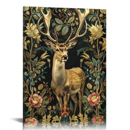 animal wall art Fox rabbit sika deer Canvas Posters Prints Forest Wild Animal Pictures Paintings Gothic Botanical Floral Wall Decor for Bedroom