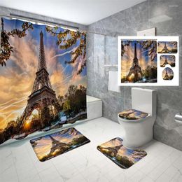 Shower Curtains Paris Eiffel Tower Cityscape Curtain Set Anti-slip Carpet Toilet Seat Mat Waterproof Ddecoration