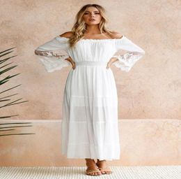 Summer Sundress Long Women White Beach Dress Strapless Long Sleeve Loose Sexy Off Shoulder Lace Boho Cotton Maxi Dress8153263