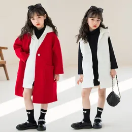 Clothing Sets Korean Autumn Winter Junior Girl 2-Piece School Hooded Plus Velvet Vest V-neck Long Woolen Jacket Set For Girls