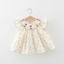 Girl's Dresses Olds Summer Clothing New Sweet Beauty Doll Shirt Princess Dress Flower Embroidered Small Round Dot Loose Bubble H240527 XA7S
