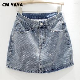 Skirts CM. Women Fashion Cargo Denim A-line Mini Skirt Drilling Rhinestone Street Female Classic Jeans Night Club Party