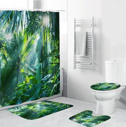 Shower Curtains Rainforest Pattern Bathroom Bath Mat Sets Forest Green Leaf Toilet Cover Anti-slip Rug Fabric Curtain With Hooks