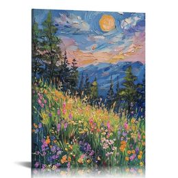 Vintage Full Moon Above The Wildflowers Canvas Wall Art, Mystical Midnight Woodland Art Print Poster, Retro Flowers and Trees Nature Painting, Dark Forest Landscape