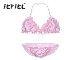 iEFiEL Sissy Mens Ruffled Frilly Shiny Lingerie Set Strappy Halter Bikini Bra Top with Briefs GStrings Underwear Gay Panties7031650