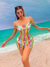 Colourful Hollow Beach Cover Up Dress With Long Sleeve Sheer Design And Rainbow Stripped