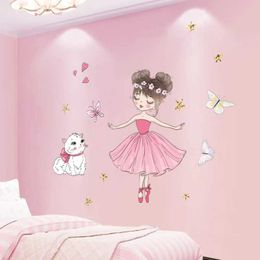 Wall Decor Cartoon Dance Girl Kitty Butterfly Wall Decal Paper Room Home Wall Stickers Cute Ballet Girl Sticker Decoration For Girl Bedroom d240528