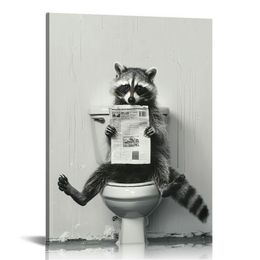 Animals Posters Funny Raccoon Sitting in Toilet Pictures Black and White Bathroom Decor Animals Farmhouse Wall Art Wall Decor Canvas Print