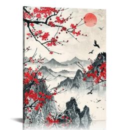 Red Plum Blossom Wall Art Flowers Tree with Mountain Lake Sunrise Painting Chinese Style Canvas Print Nature Scenery Picture for Living Room Home Decor