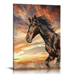 Wall Art Running Horse Trot On The Field On Sunset Grass and Flower Painting Pictures Print On Canvas Animal The Picture for Home Modern Decoration Piece