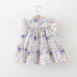 Girl's Dresses Summer New Baby Girls Dress Small Flying Sleeve Flower Cake Layer Red Hand Painted Wind Lace Ruffle Collar H240527