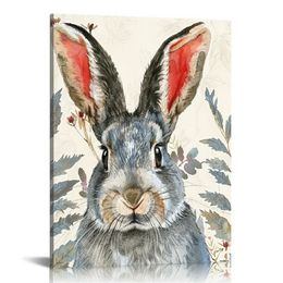 Decor Easter Bunny Wall Art Blue Gray Cute Rabbit Poster Picture Canvas Prints Wall Decorations 1 Panel Nursery Decor Artwork Framed Ready to Hang