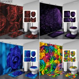 Shower Curtains Purple Rose Fabric Curtain Colourful Flowers Bathroom Sets With 12 Hooks Toilet Cover Mat Non-Slip Bath Rug Set