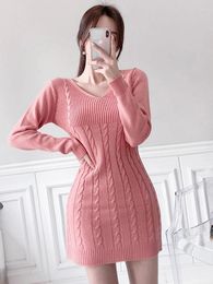 Casual Dresses Autumn Winter Knitted Women Dress Ribbed Sweater Sweet Pink V-Neck Mini Ladies Femme Stretchy Inner-Match Street Clothes