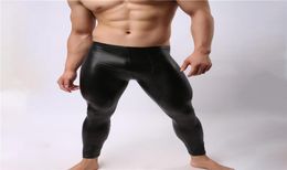 Sexy Men Long Johns undershirt Slim Black Faux Leather Underpants Male Thin Smooth U Convex Gay Fitness Pouch Midwaist Leggings U9506866