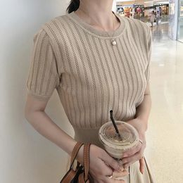 Летняя женщина круглая шея Полово с короткими рукавами вязаная высокая талия тонкая и тонкая ледяная шелк чистый хлопковый футболка 240518