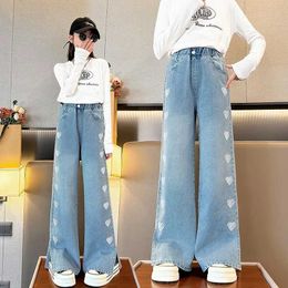 Jeans Jeans Spring Teen Girls Heart Design Tear Jeans Cool Street Clothing Childrens Blue Denim Pants Asionable Casual Wide Leg Trousers Clothing WX5.27