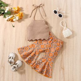 Kids Summer Clothes for Toddler Baby Girls Solid Knitted Halter Tanks Tops+Graphic Print Flare Long Pants Outfits