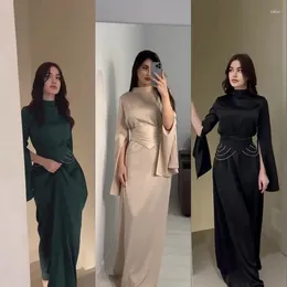 Ethnic Clothing Dubai Party Gown Women Long Dress Satin Half High Collar Elegant Sleeve Burqa With Chain Lady Plain Colour Banquet Abaya