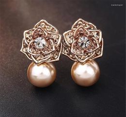 Stud Earrings Korea Full Crystal Camellia For Women Geometric Ball Pearl Brand Flower Earings Jewellery Z026